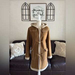 Vintage Old Navy Hooded Sherpa Lined Long Line Coat Toggle Closure Brown Size M